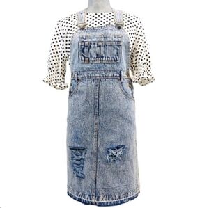 Vintage Light Acid Wash Distress Denim Jean Overall Dress S